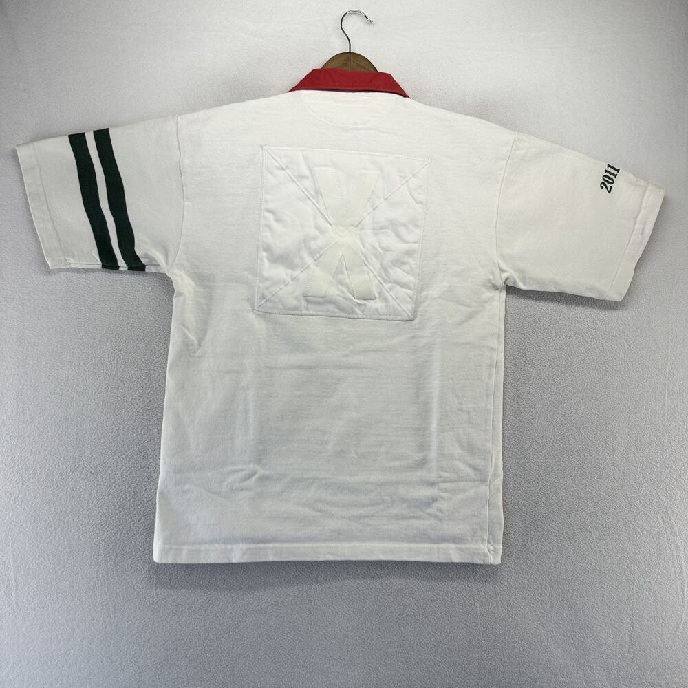 Vintage Halbro Rugby Shirt Men's Large White Thick Embroidered Collared Patch